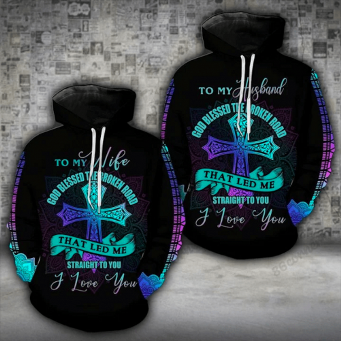FUNSTUFFPRINT Husband And Wife Couple 3D All Over Hoodie God Blessed The Broken Road That Let Me Straight To You 3D Hoodie and Zip Hoodie