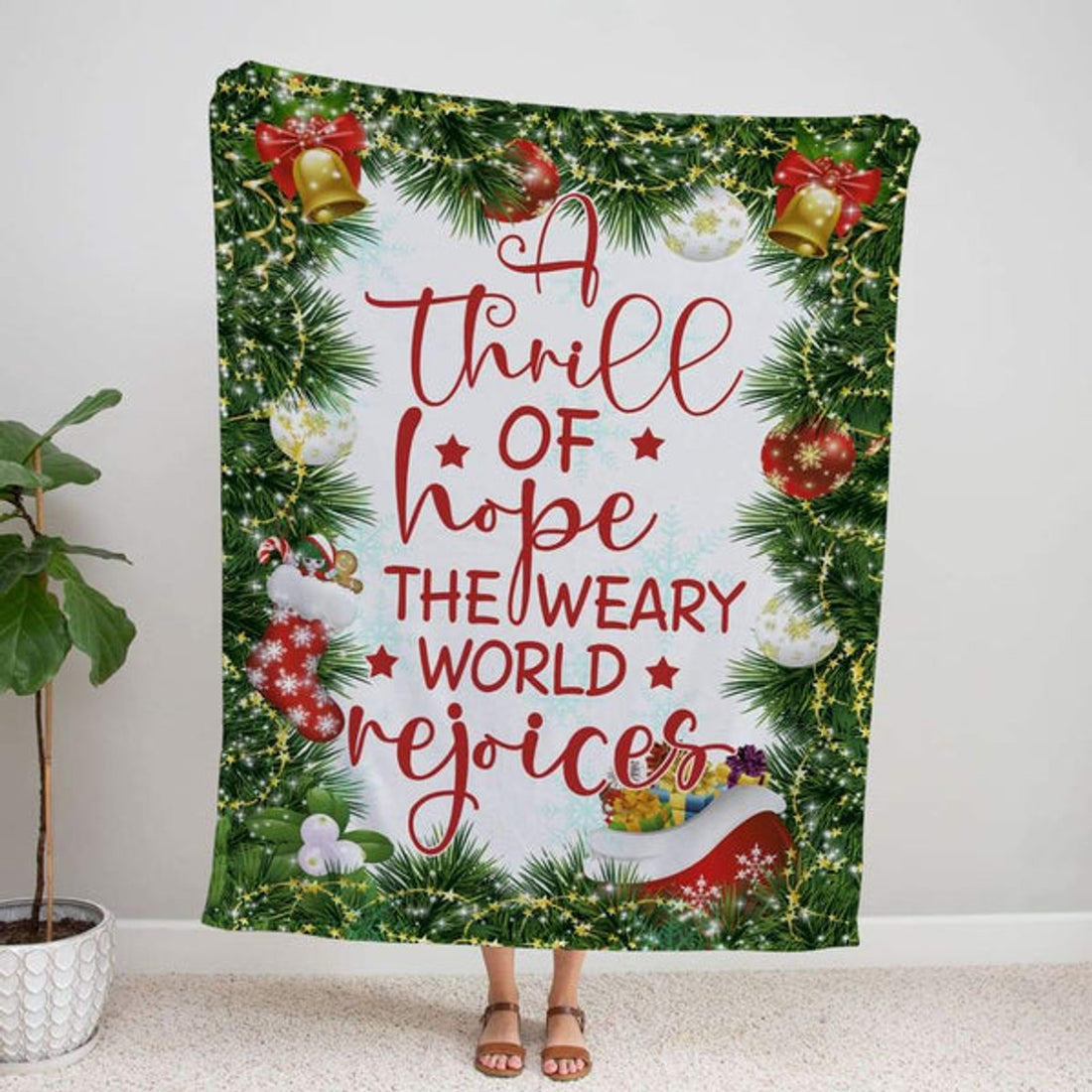 FUNSTUFFPRINT A Thrill Of Hope The Weary World Rejoices Christmas Fleece Blanket - Christian Blanket - Bible Verse Blanket