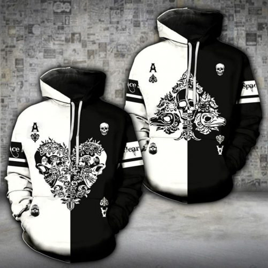 FUNSTUFFPRINT Matching Skull 3D All Over Hoodie Ace Heart And Spade Skull 3D Hoodie and Zip Hoodie