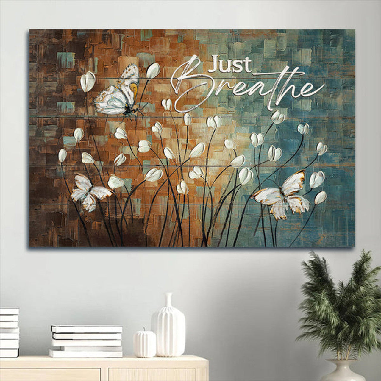 Acrylic Painting White Tulip White Butterfly Just Breathe Canvas Wall Art - Christian Wall Decor