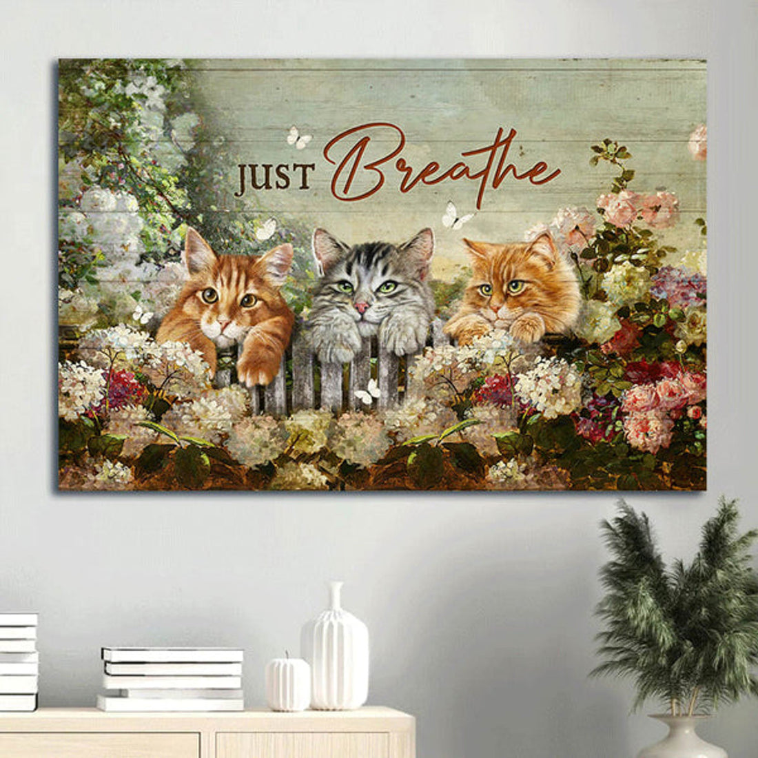 Adorable Cat Stunning Flower Garden Amazing White Butterfly Just Breathe Canvas Wall Art - Christian Wall Decor