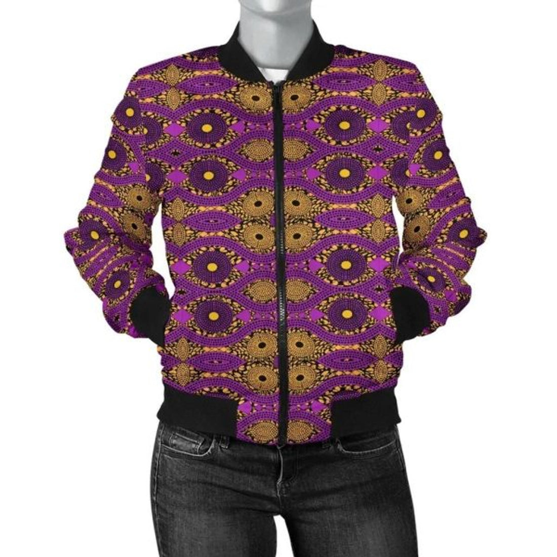 FUNSTUFFPRINT Africa Zone Jacket - Ankara Cloth - Violet Cowrie Women Bomber Jacket
