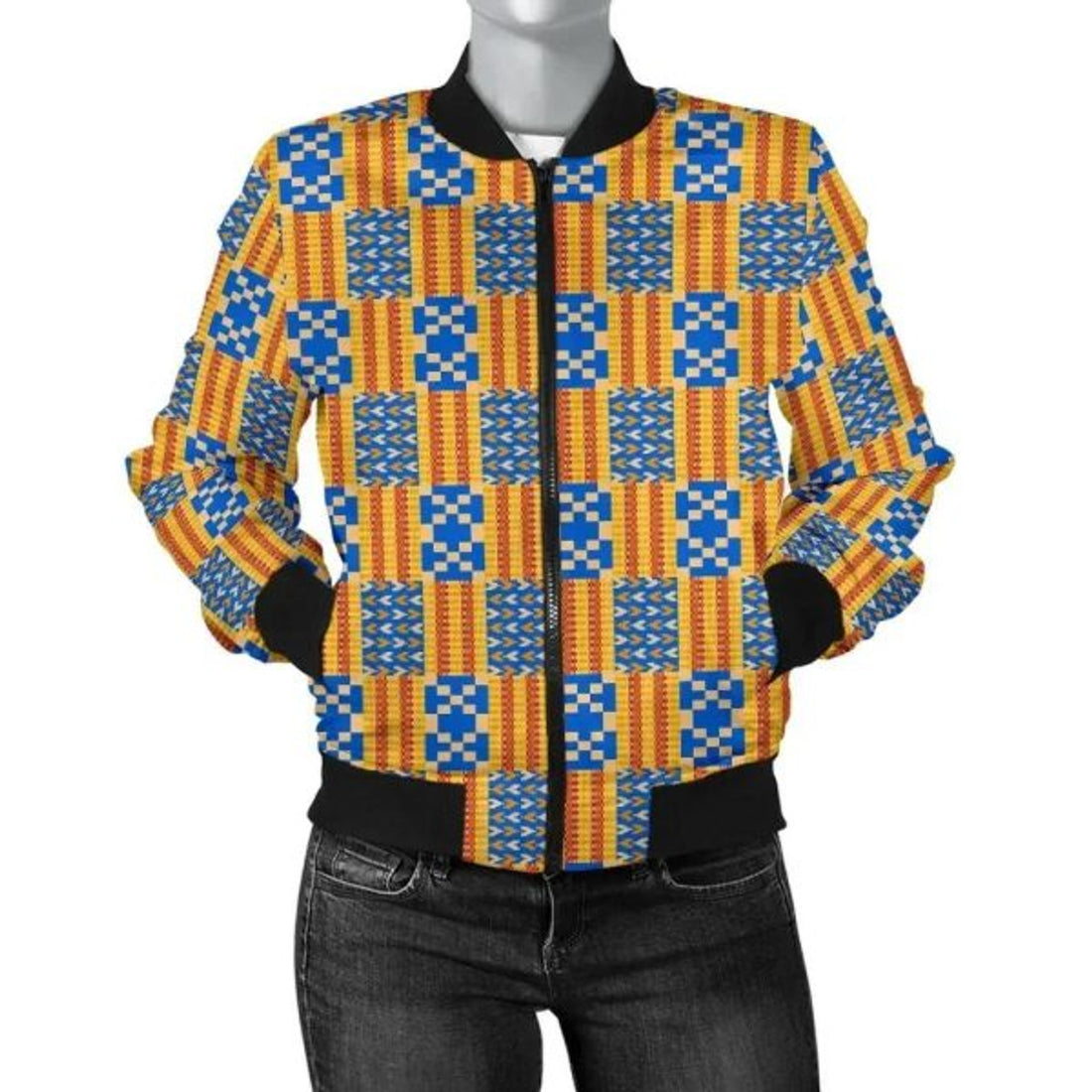 FUNSTUFFPRINT Africa Zone Jacket - Kente Cloth - Weaving Style Women Bomber Jacket