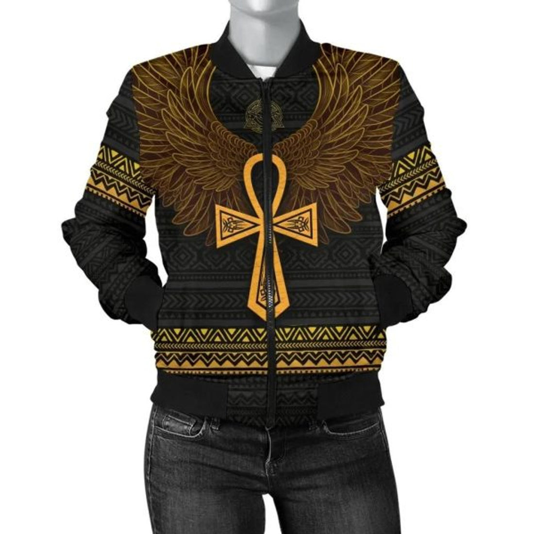 FUNSTUFFPRINT African Women's Bomber Jacket - Africa Ancient Egypt Ankh & Horus Wings - 3D Bomber Jacket