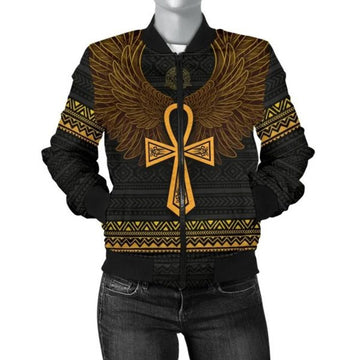 FUNSTUFFPRINT African Women's Bomber Jacket - Africa Ancient Egypt Ankh & Horus Wings - 3D Bomber Jacket
