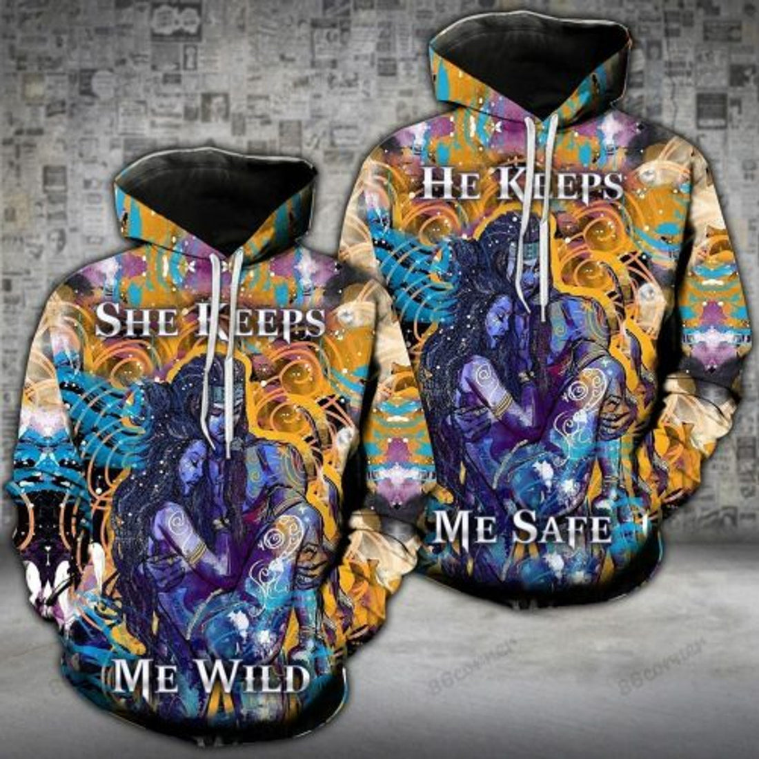 FUNSTUFFPRINT Matching Afro Couple 3D All Over Hoodie He Keeps Me Safe She Keeps Me Wild 3D Hoodie and Zip Hoodie