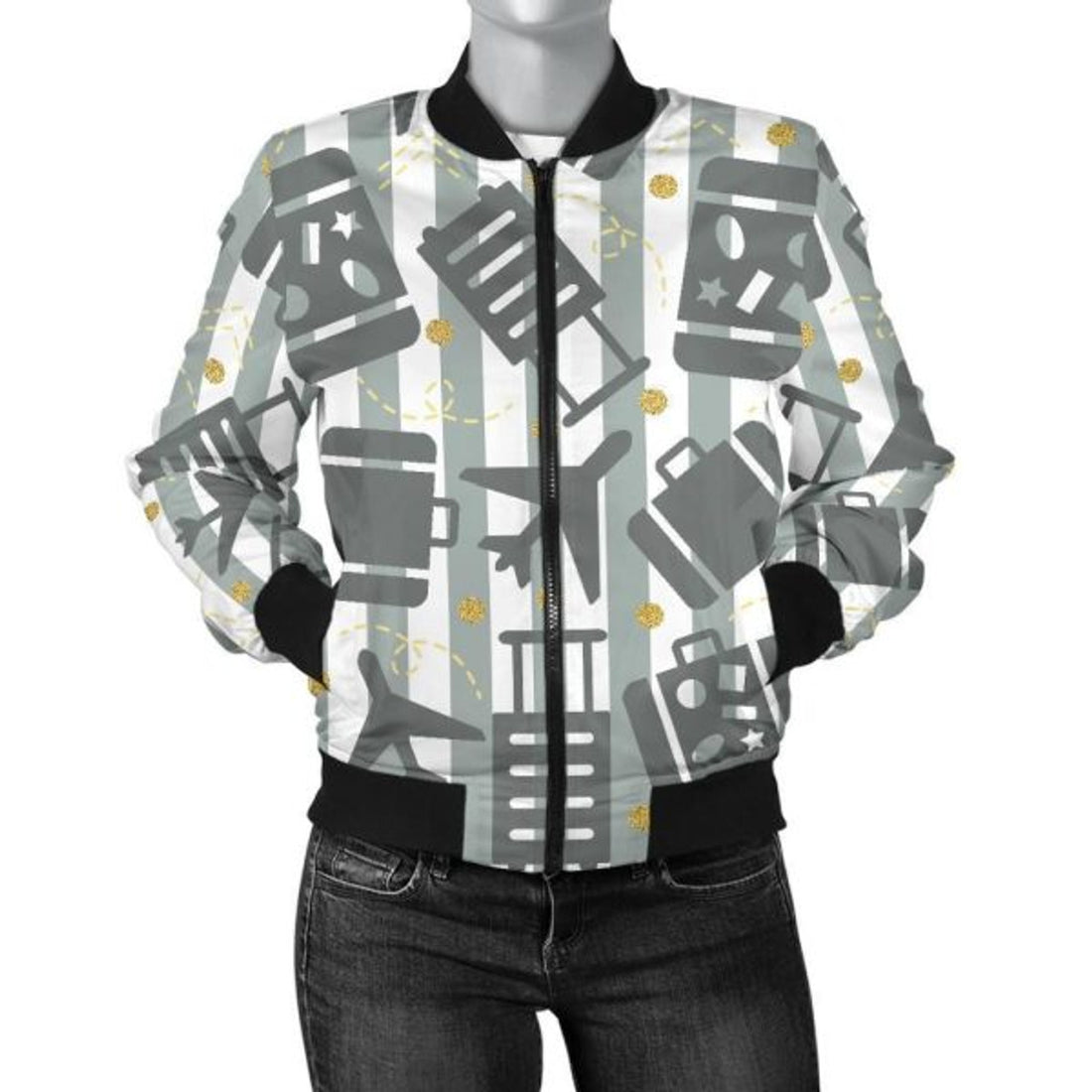 FUNSTUFFPRINT Airplane Luggage Pattern Print Women Casual 3D Bomber Jacket
