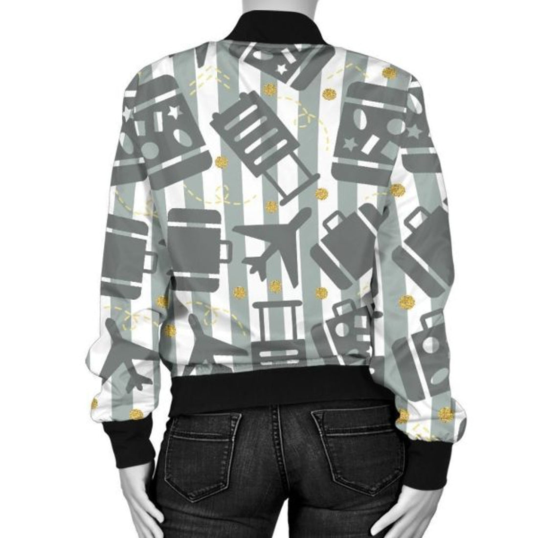 FUNSTUFFPRINT Airplane Luggage Pattern Print Women Casual 3D Bomber Jacket