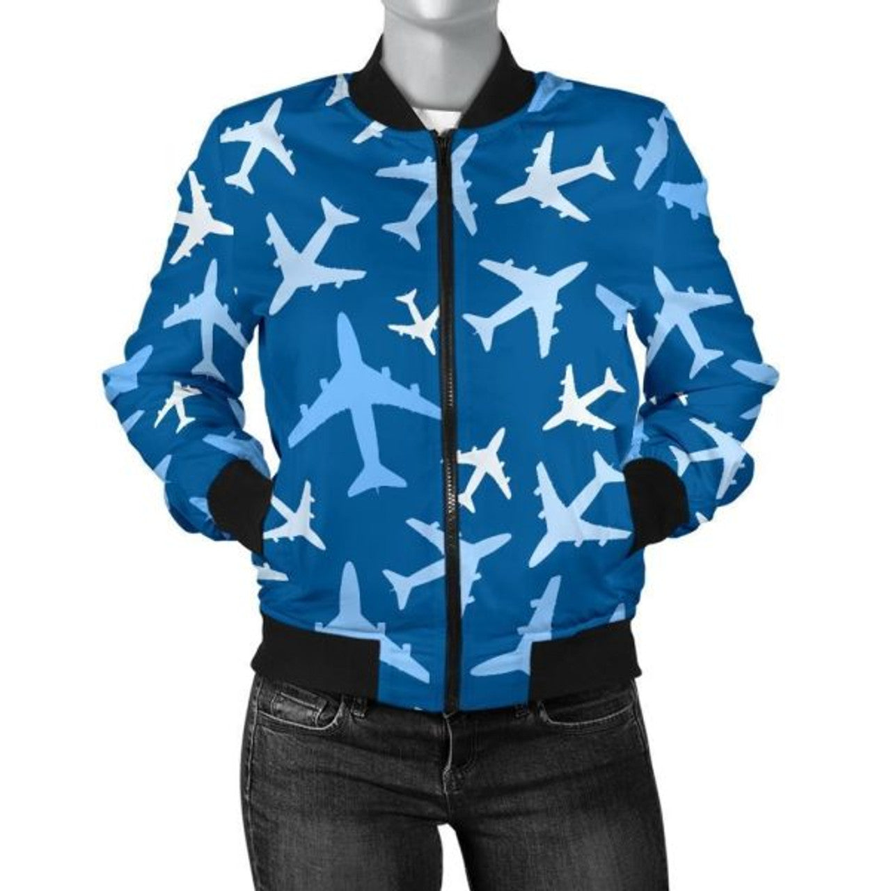 FUNSTUFFPRINT Airplane Pattern Print Women Casual 3D Bomber Jacket