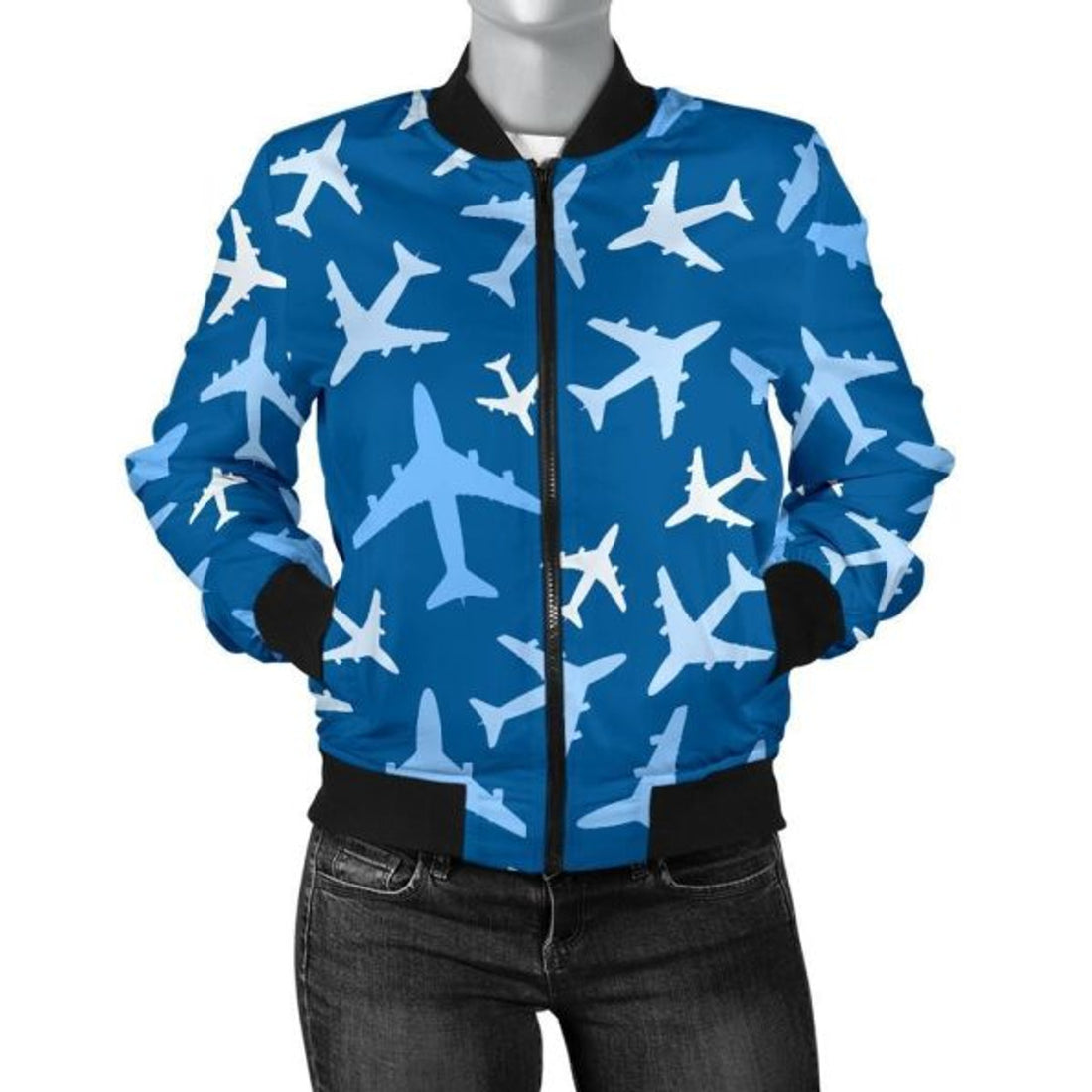 FUNSTUFFPRINT Airplane Pattern Print Women Casual 3D Bomber Jacket