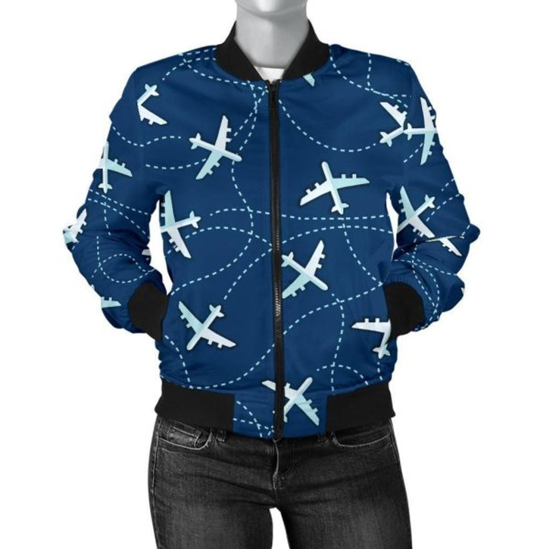 FUNSTUFFPRINT Airplane Print Pattern Women Casual 3D Bomber Jacket