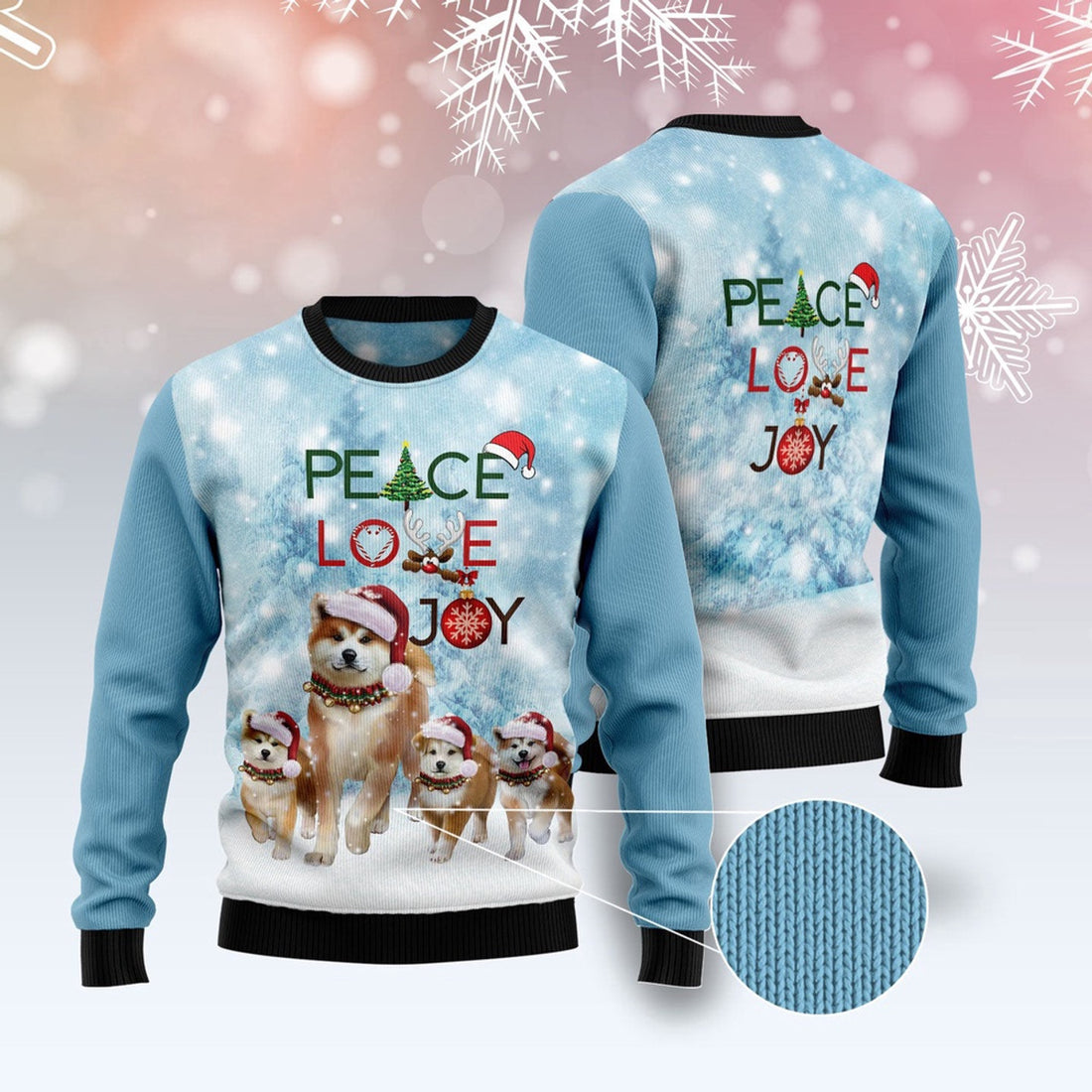FUNSTUFFPRINT Akita Peace Love Joy Ugly Sweater Ugly Christmas Sweater, Dog Ugly Christmas Sweater, Ugly Dog Sweaters Ugly Sweater