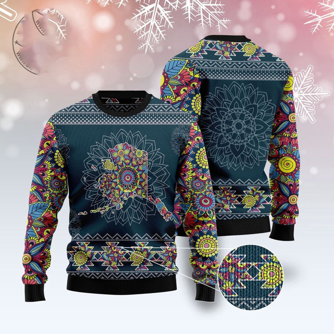 FUNSTUFFPRINT Alaska Blue Mandala Ugly Christmas Sweater, Christmas Sweater, Ugly Sweater, Funny Xmas Sweaters Ugly Sweater