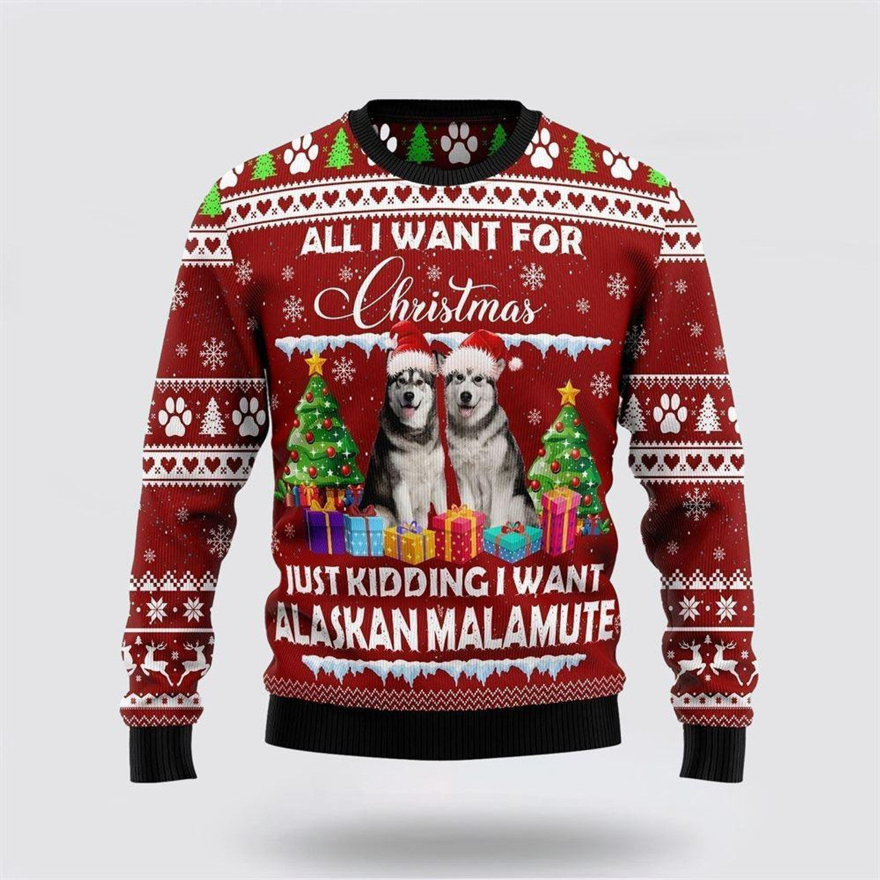 FUNSTUFFPRINT Alaskan Malamute Is All I Want For Xmas Ugly Christmas Sweater – Pet Lover Christmas Sweater Ugly  Sweater