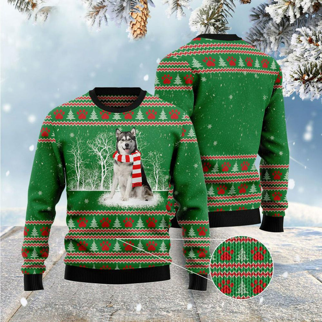 FUNSTUFFPRINT Alaskan Malamute Winter Tree Ugly Christmas Sweater, Xmas Tree Sweater, Christmas Sweater Ugly  Sweater