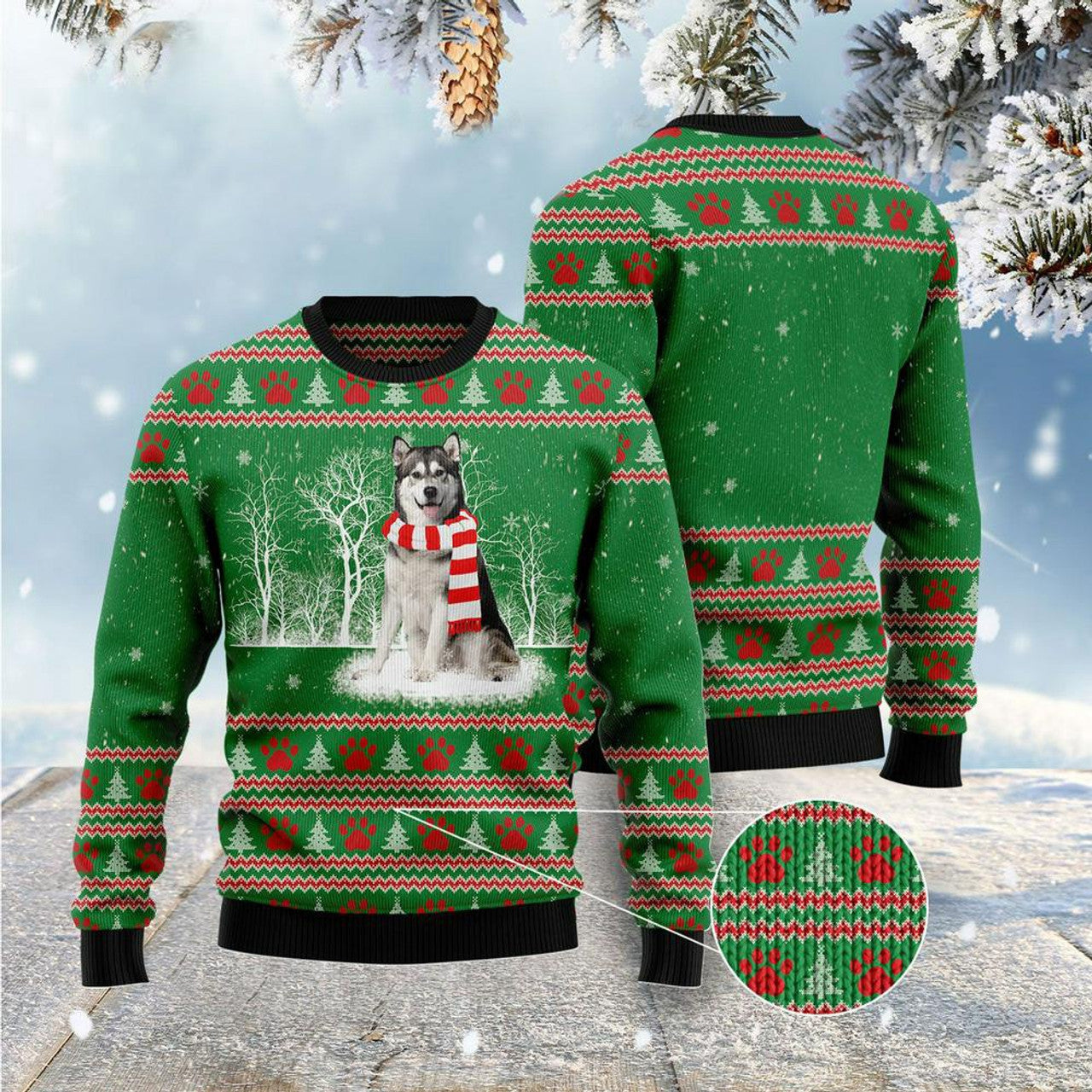 FUNSTUFFPRINT Alaskan Malamute Winter Tree Ugly Christmas Sweater, Xmas Tree Sweater, Christmas Sweater Ugly  Sweater