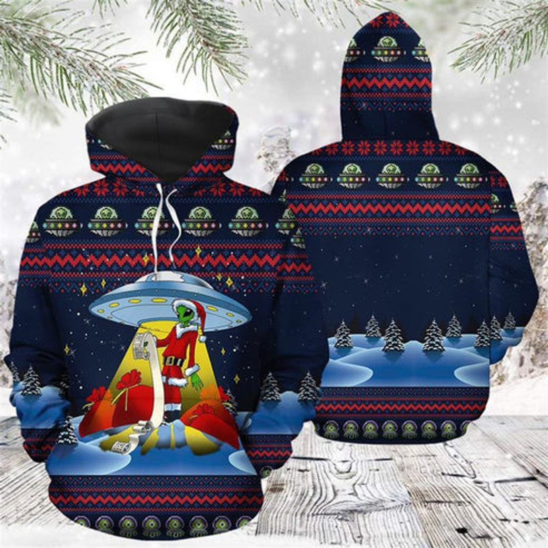 FUNSTUFFPRINT 3D Alien Christmas All Over 3D Hoodie and Zip Hoodie