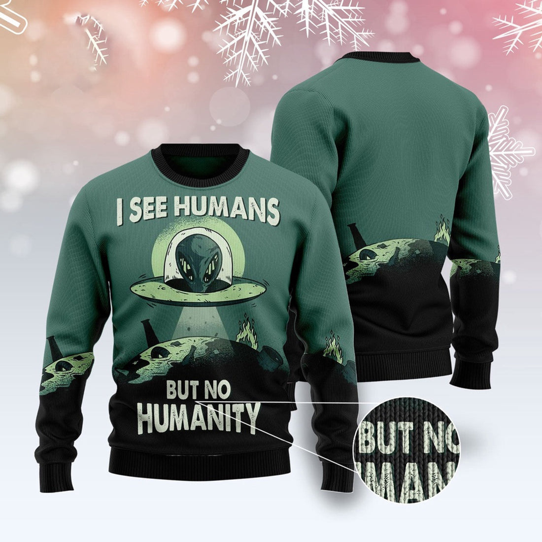 FUNSTUFFPRINT Alien No Humanity Ugly Christmas Sweater, Christmas Sweater, Ugly Sweater, Funny Xmas Sweaters Ugly Sweater