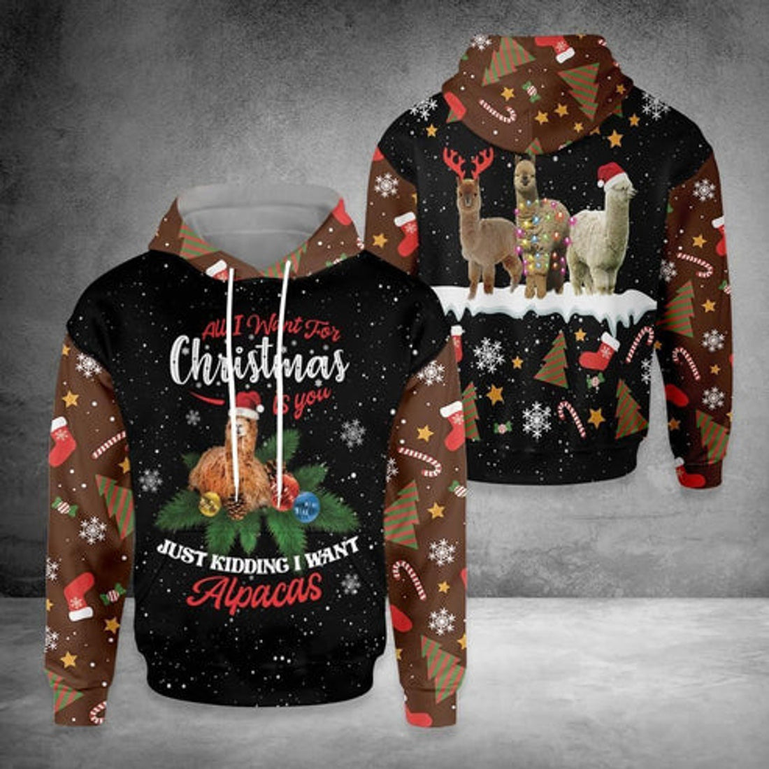 FUNSTUFFPRINT 3D All I Want For Christmas Alpacas All Over 3D Hoodie and Zip Hoodie