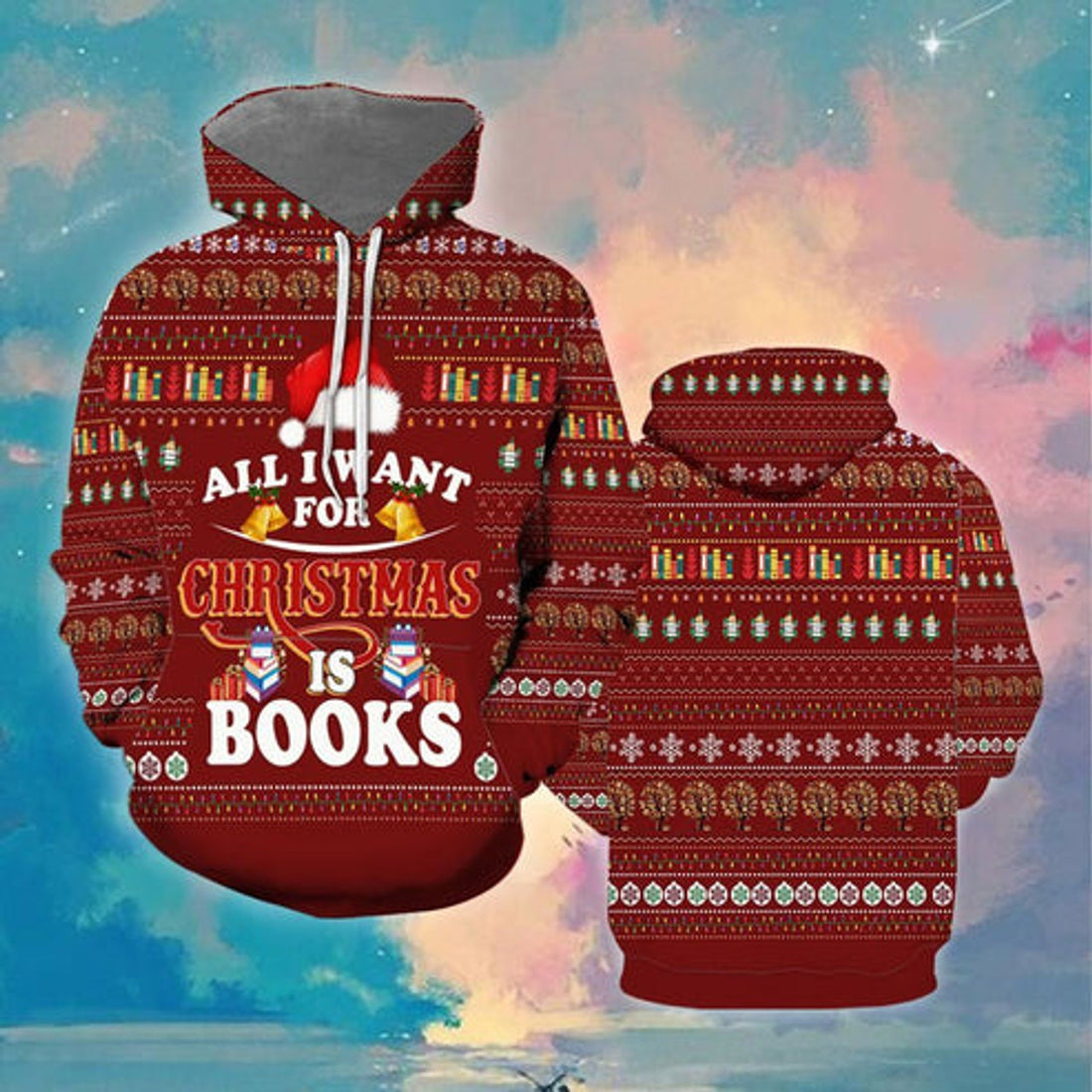 FUNSTUFFPRINT 3D All I Want For Christmas Is Books All Over 3D Hoodie and Zip Hoodie