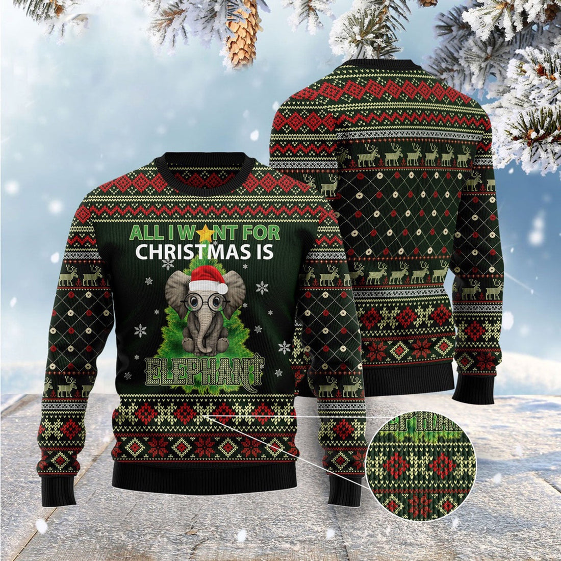 FUNSTUFFPRINT All I Want For Christmas Is Elephant Ugly Christmas Sweater, Christmas Sweater, Ugly Sweater, Funny Xmas Sweaters Ugly Sweater