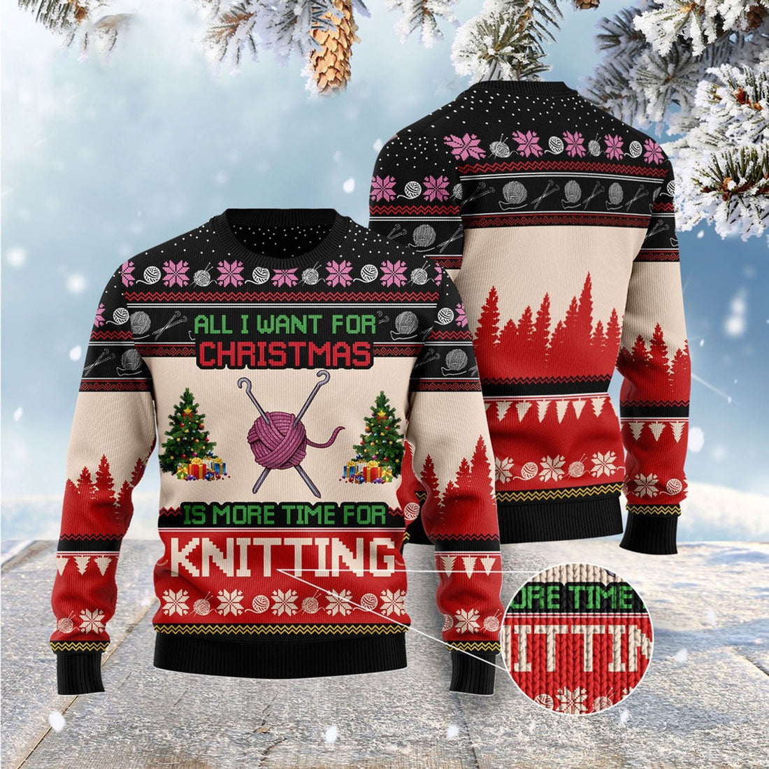 FUNSTUFFPRINT All I Want For Christmas Is More Time For Knitting Ugly Christmas Sweater, Christmas Sweater, Ugly Sweater, Funny Xmas Sweaters Ugly Sweater