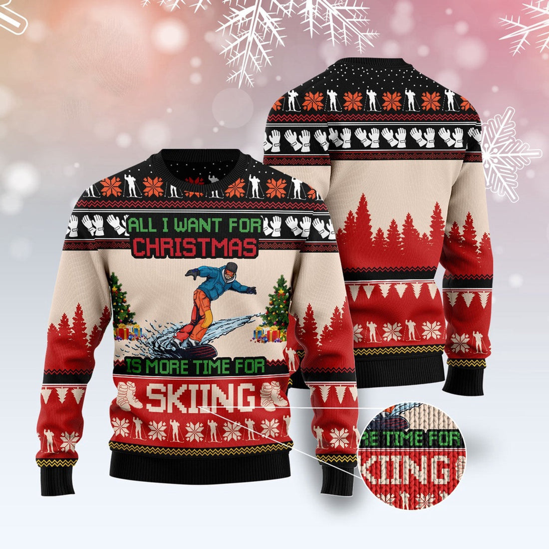 FUNSTUFFPRINT All I Want For Christmas Is More Time For Skiing Ugly Christmas Sweater, Christmas Sweater, Ugly Sweater, Funny Xmas Sweaters Ugly Sweater