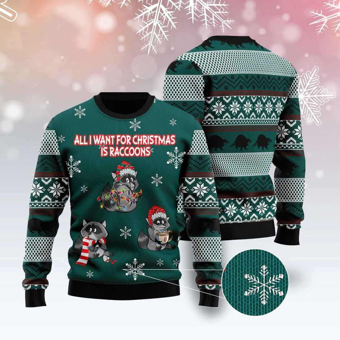 FUNSTUFFPRINT All I Want For Christmas Is Raccoons Ugly Christmas Sweater, Christmas Sweater, Ugly Sweater, Funny Xmas Sweaters Ugly Sweater