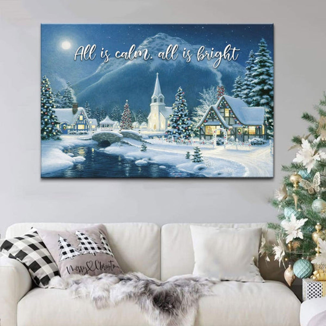 All Is Calm All Is Bright, Country Church Starry Night, Christmas Wall Art Canvas - Religious Wall Decor