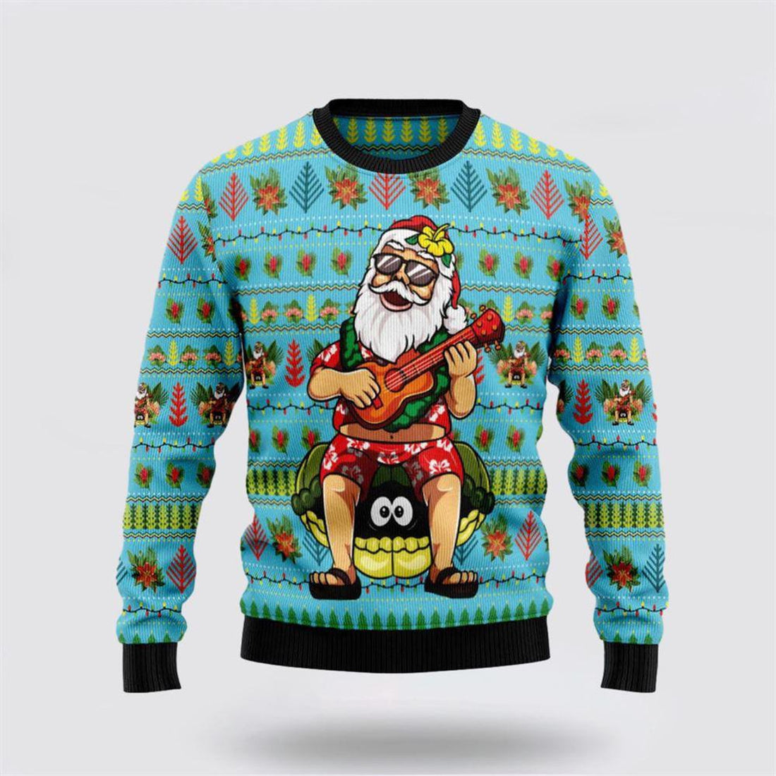 FUNSTUFFPRINT Aloha Santa Claus Play Guitar Xmas Ugly Sweater - Christmas Gifts For Frends Ugly Sweater
