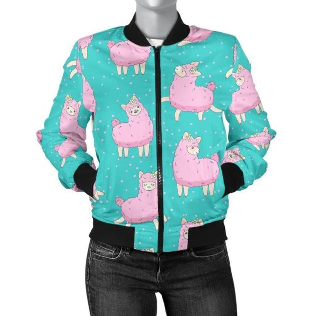 FUNSTUFFPRINT Alpaca Pattern Print Women Casual 3D Bomber Jacket