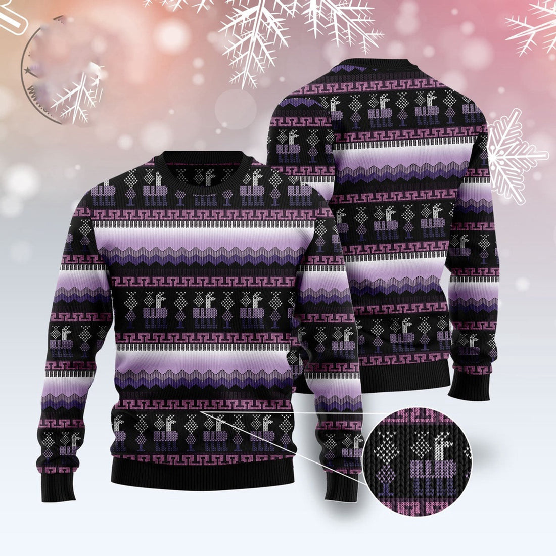 FUNSTUFFPRINT Alpaca Purple Pattern Ugly Christmas Sweater, Christmas Sweater, Ugly Sweater, Funny Xmas Sweaters Ugly Sweater