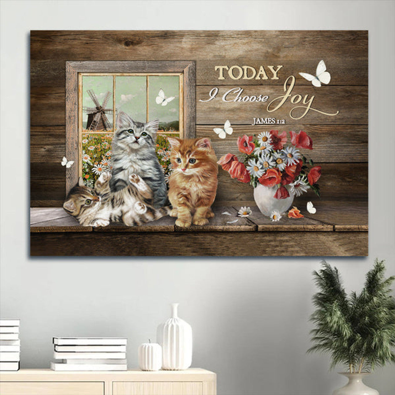 Amazing Cat Red Poppy Daisy Field White Butterfly Today I Choose Joy Canvas Wall Art - Christian Wall Decor