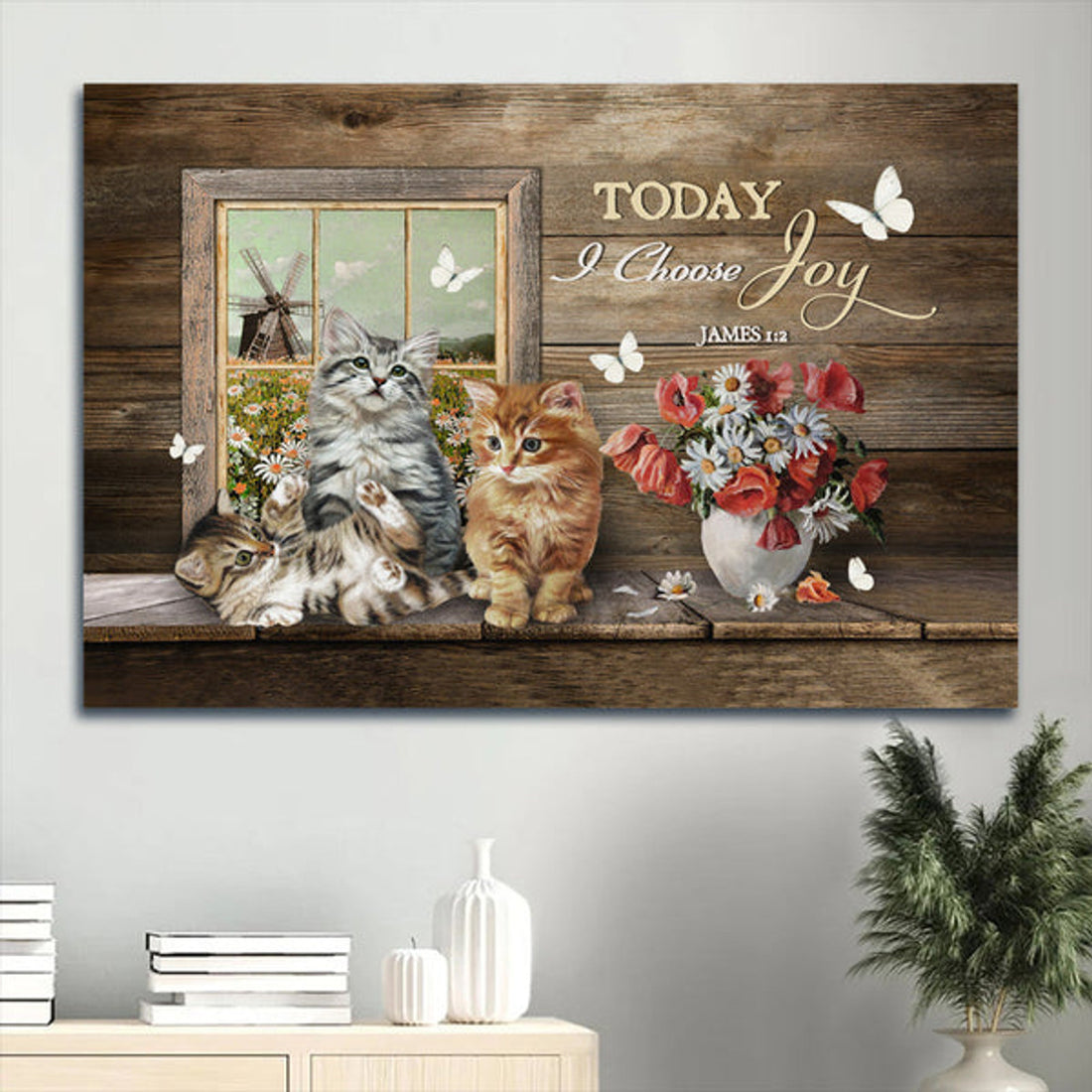 Amazing Cat Red Poppy Daisy Field White Butterfly Today I Choose Joy Canvas Wall Art - Christian Wall Decor