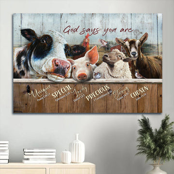 Amazing Dairy Cow Animal Drawing Rooster Canvas God Says You Are Canvas Wall Art - Christian Wall Decor
