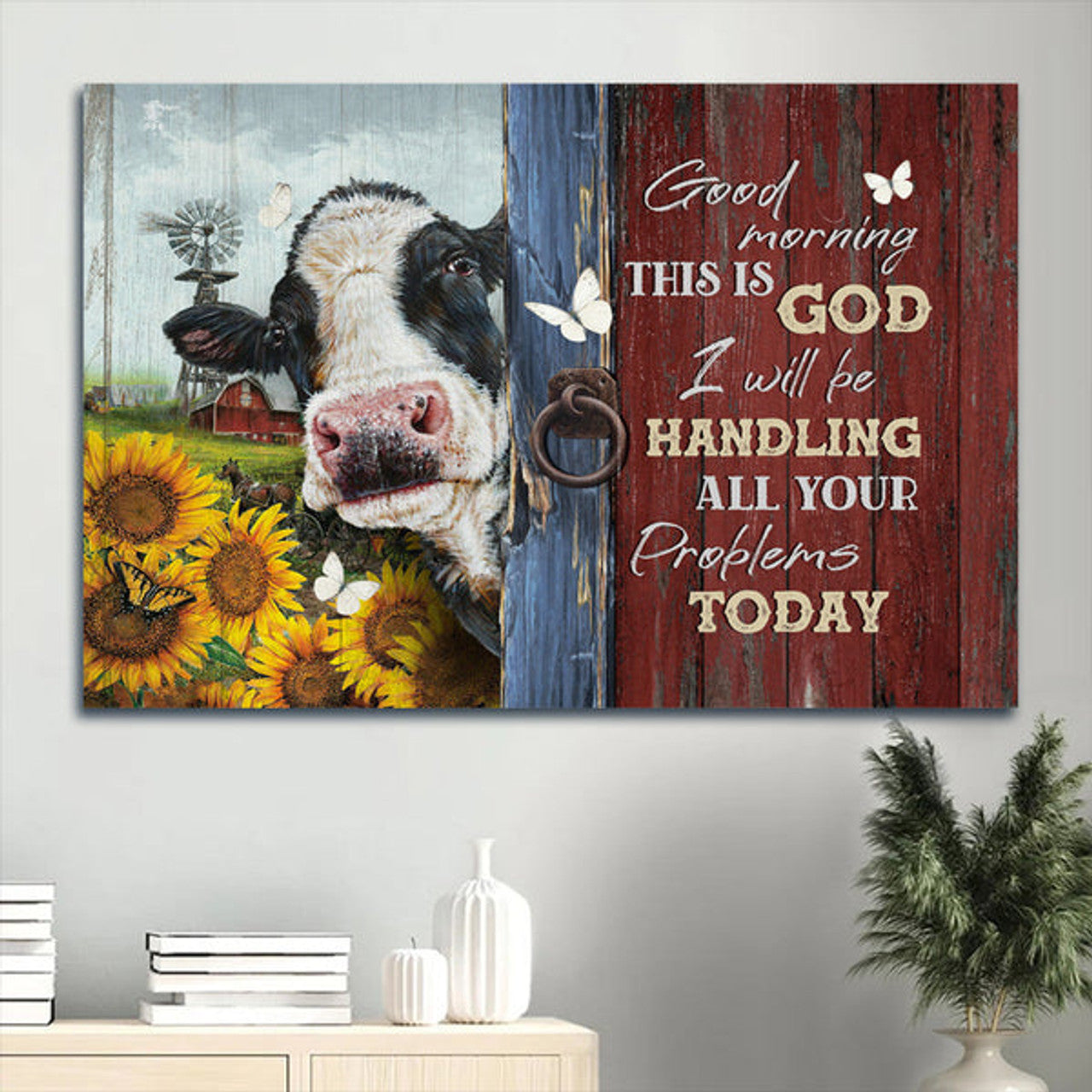 Amazing Dairy Cow Sunflower Garden White Butterfly Canvas Good Morning This Is God Canvas Wall Art - Christian Wall Decor