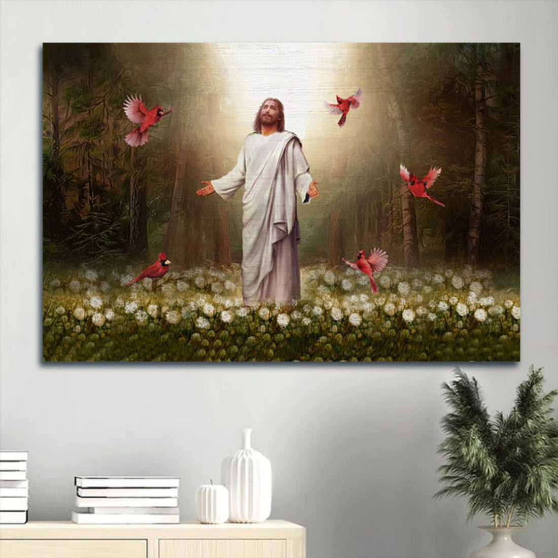 Amazing Forest Jesus Painting Pretty Cardinal Beautiful Dandelion Field Canvas Wall Art - Christian Wall Decor