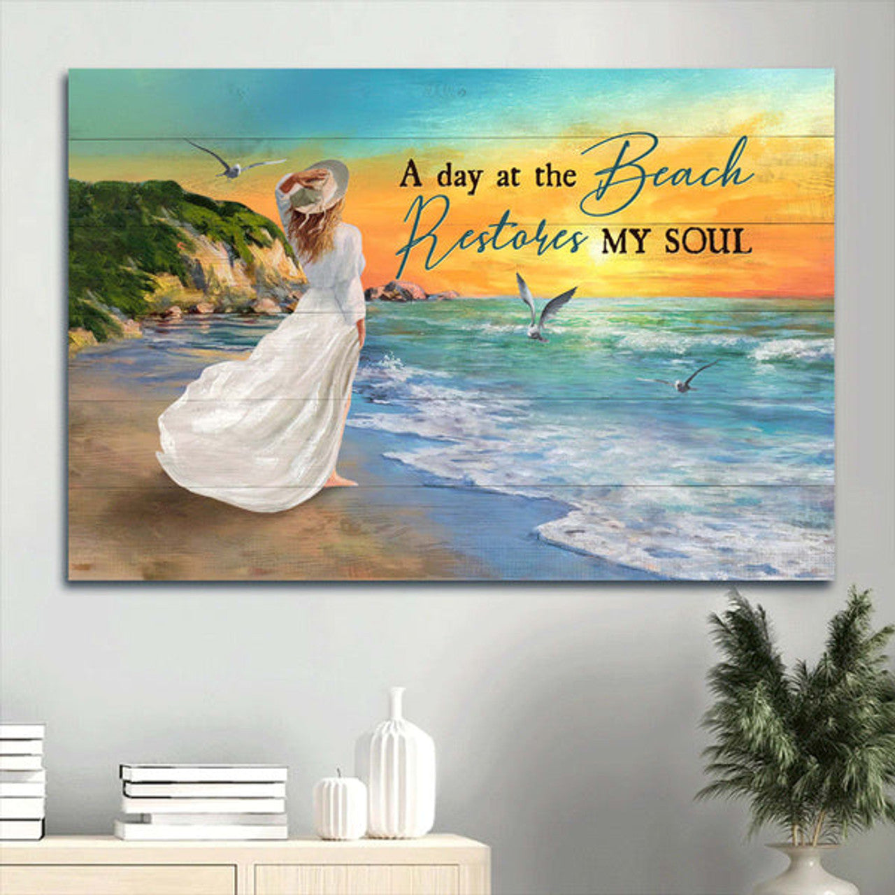 Amazing Girl Pretty Sunset Blue Beach A Day At The Beach Restores My Soul Canvas Wall Art - Christian Wall Decor