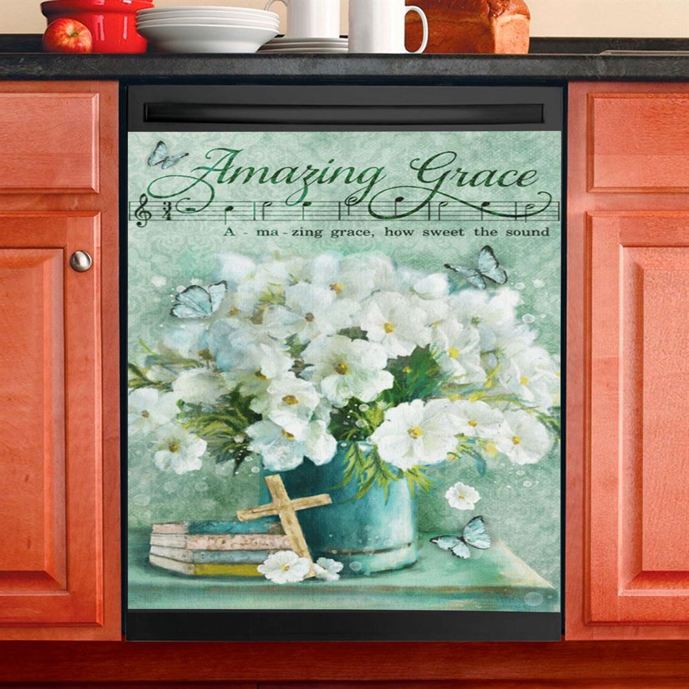 Amazing Grace Flower Cross Book Butterfly Dishwasher Cover, Christian Dishwasher Magnet Cover, Religious Kitchen Decor