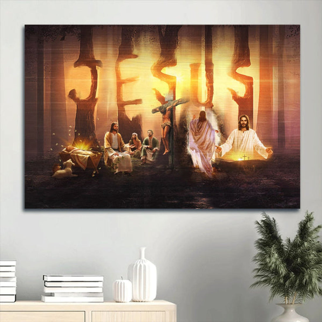 Amazing Halo Jesus On The Cross The Life Of Jesus Little Lamb Canvas Wall Art - Christian Wall Decor