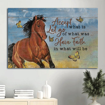 Amazing Horse Painting Yellow Butterfly Accept What Is Let Go Canvas Wall Art - Christian Wall Decor