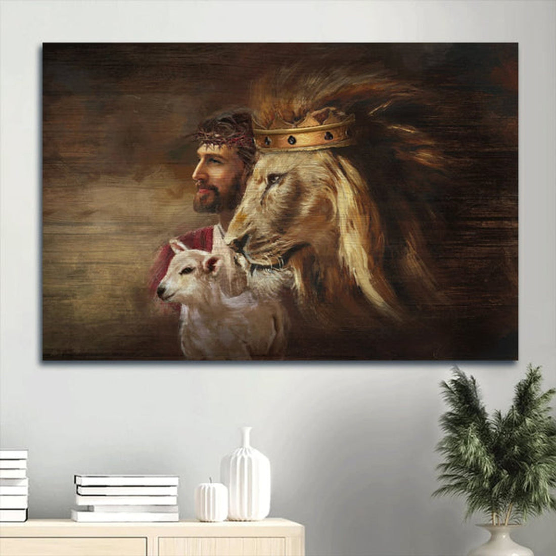 Amazing Jesus Painting Lion Artwork Watercolor Lamb Unique Crown Canvas Wall Art - Christian Wall Decor
