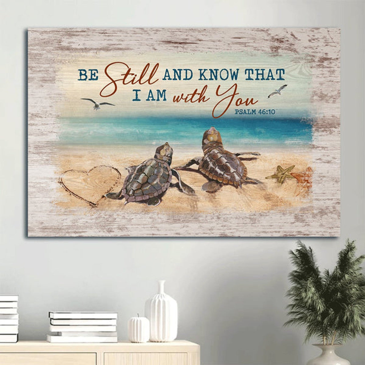 Amazing Sea Turtle Blue Ocean Seagull Be Still And Know That I Am God Canvas Wall Art - Christian Wall Decor