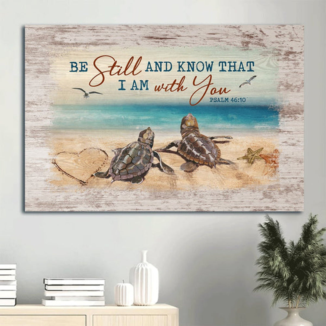 Amazing Sea Turtle Blue Ocean Seagull Be Still And Know That I Am God Canvas Wall Art - Christian Wall Decor