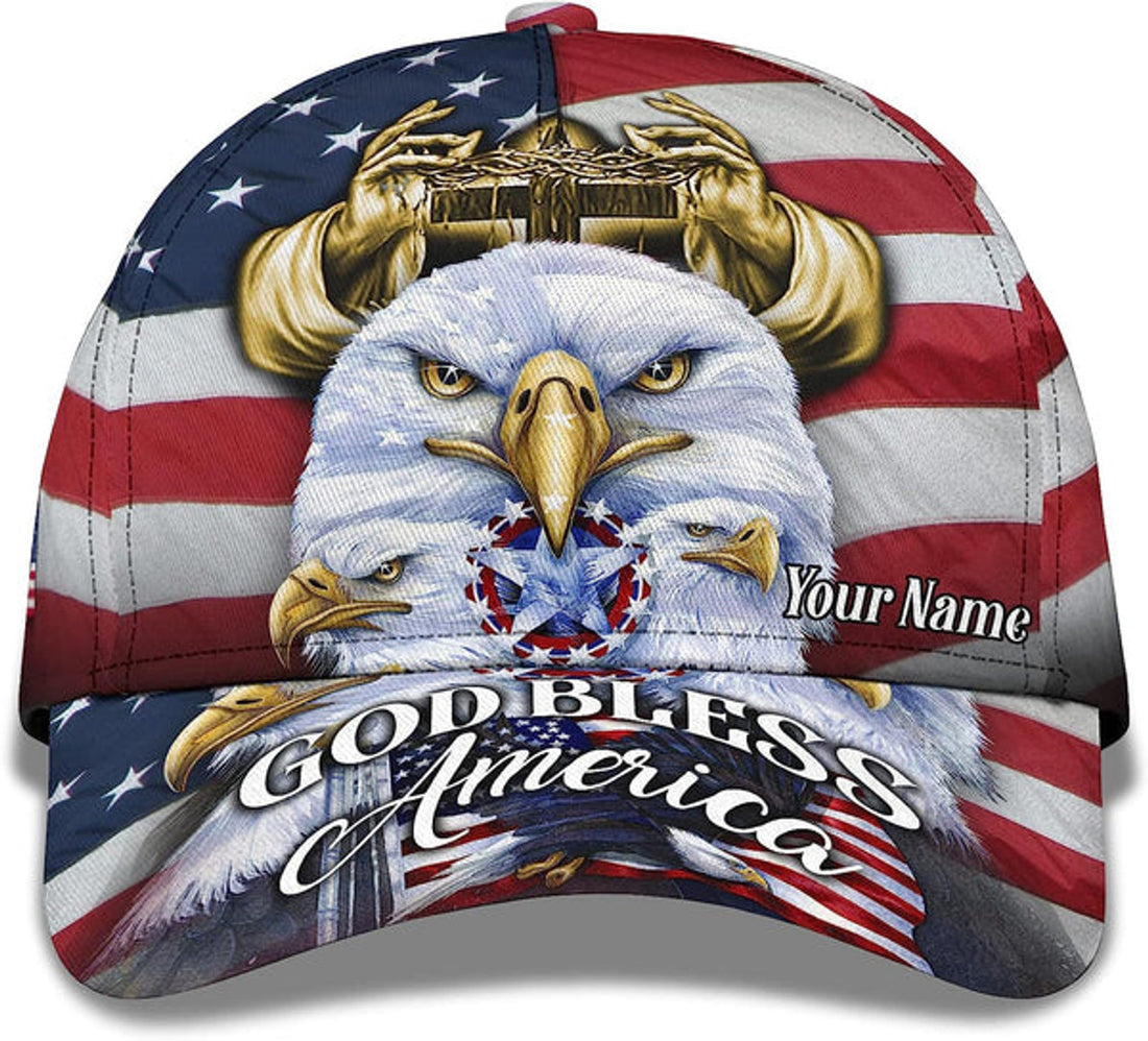 FUNSTUFFPRINT America Eagle Bird With Usa Flag God Bless America Custom Name All Over Print Baseball Cap - Christian Hats For Men Women