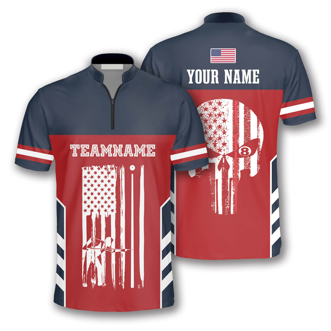 Custom American Flag Skull Red Navy Custom Billiard Jerseys for Men, Idea Gift for Billiard Team, Billiard Player