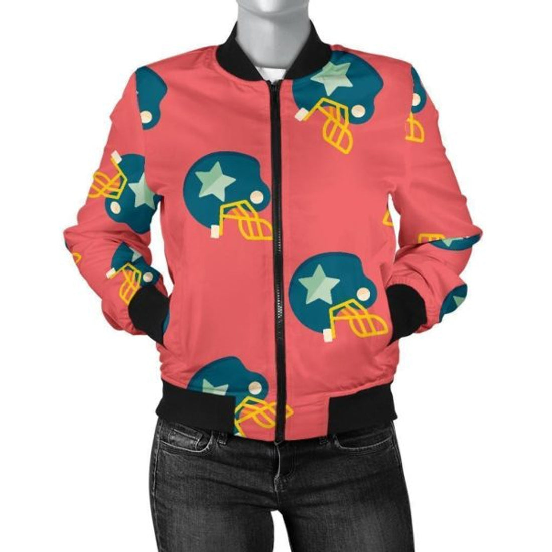 FUNSTUFFPRINT American Football Pattern Print Women Casual 3D Bomber Jacket