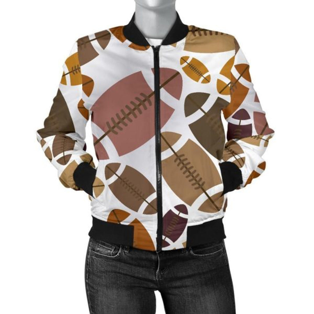 FUNSTUFFPRINT American Football Rugby Ball Pattern Print Women Casual 3D Bomber Jacket