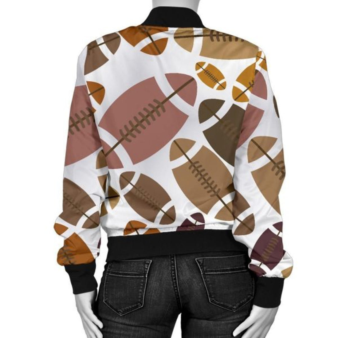 FUNSTUFFPRINT American Football Rugby Ball Pattern Print Women Casual 3D Bomber Jacket