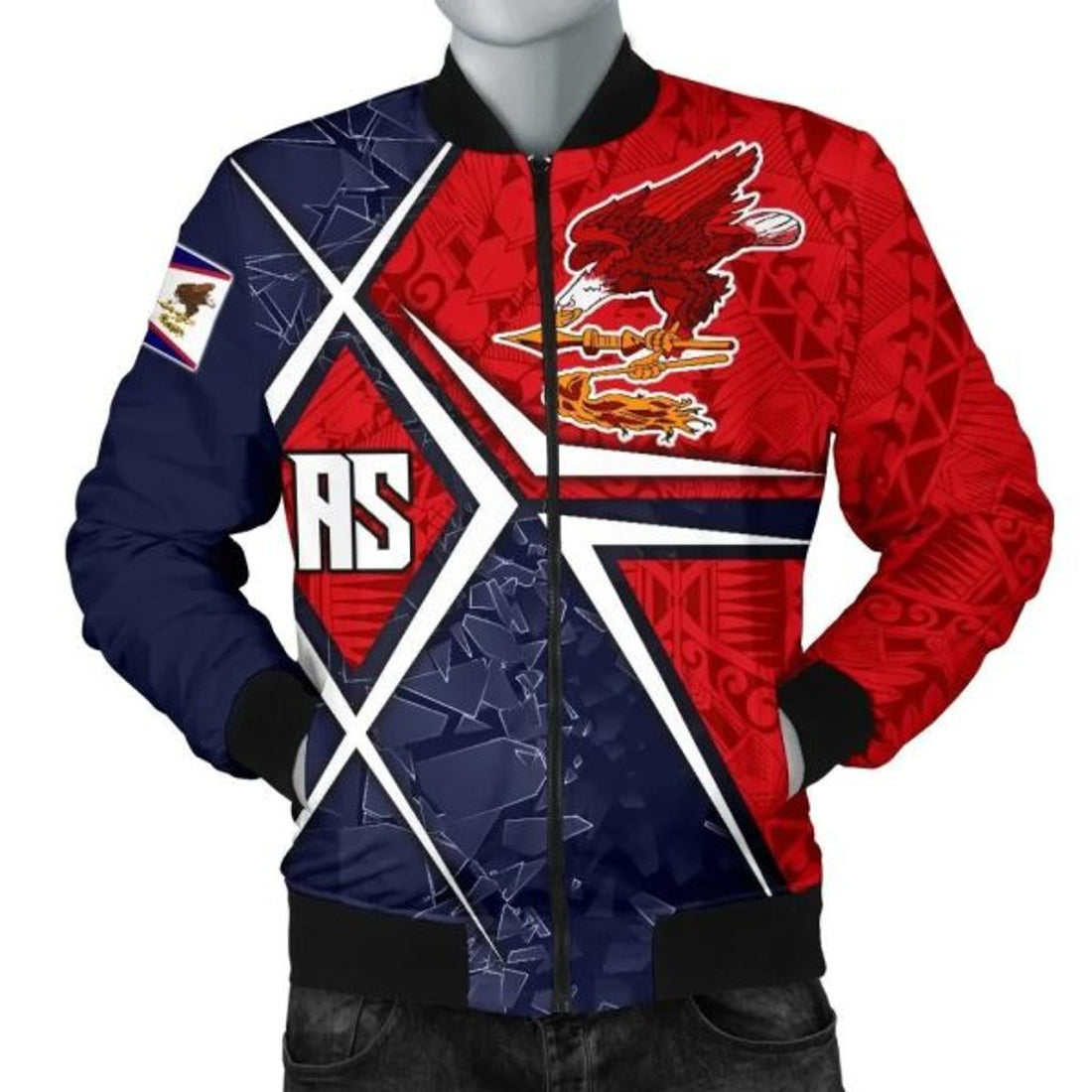 FUNSTUFFPRINT American Samoa Men's Bomber Jacket - AS Flag with Polynesian Patterns - 3D Bomber Jacket